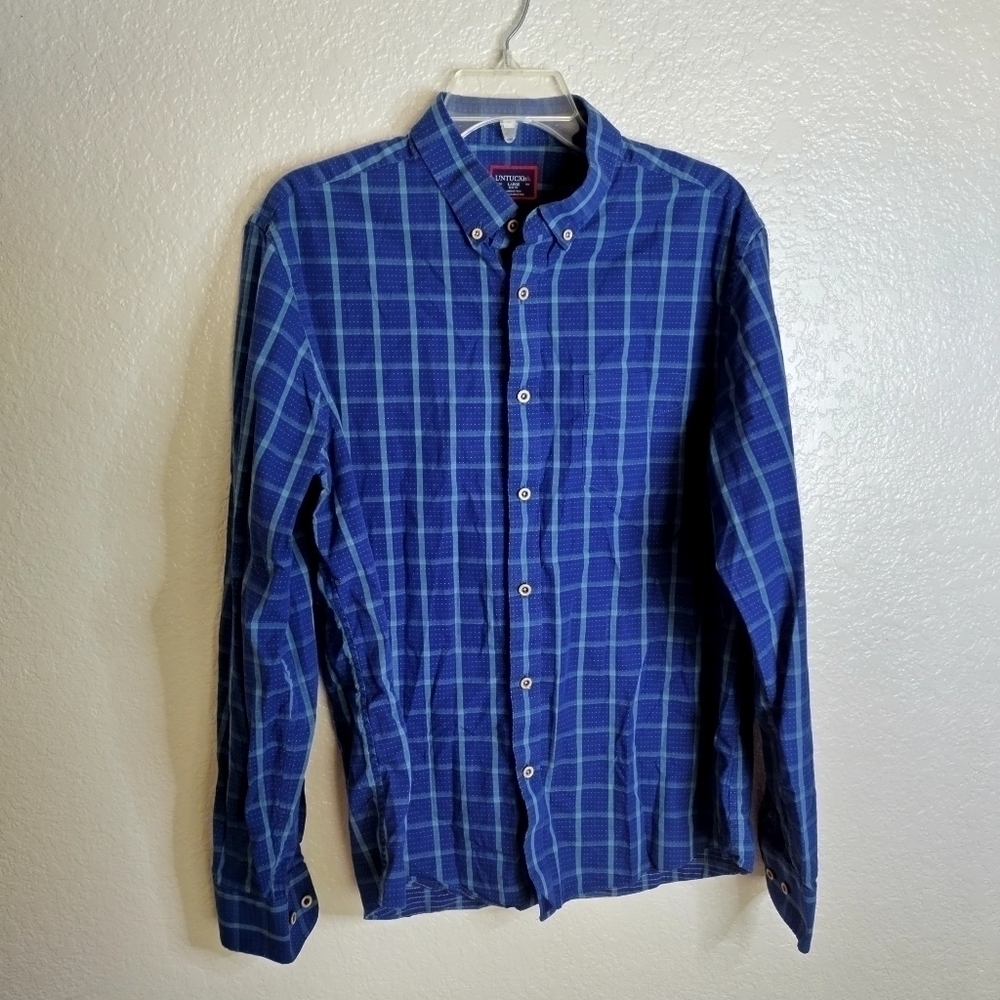 UNTUCKIT Classic Cotton Corison slim fit Shirt Button Down Plaid Navy Blue Sz L